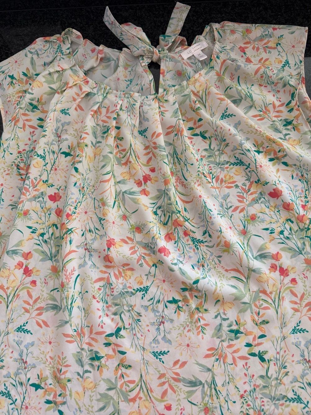 Floral Tie-Neck Sleeveless Top in Cream with Multi-Color Print